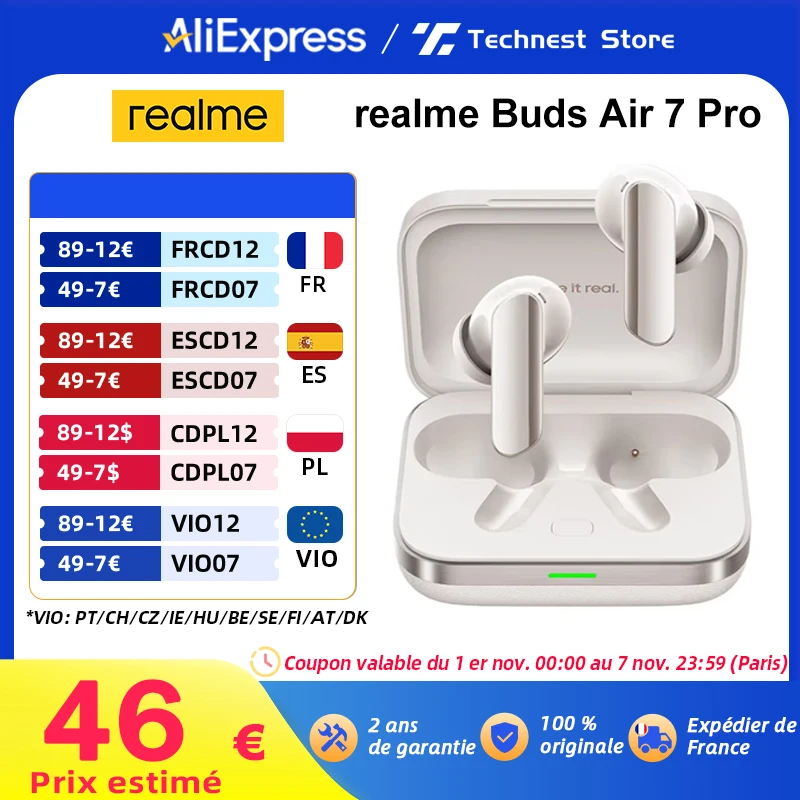 Global Versie realme Buds Air 7 Pro Draadloze Oortelefoon 53dB Real-time Ruisonderdrukking Bluetooth 5.4 Tot 48 Uur Afspelen
