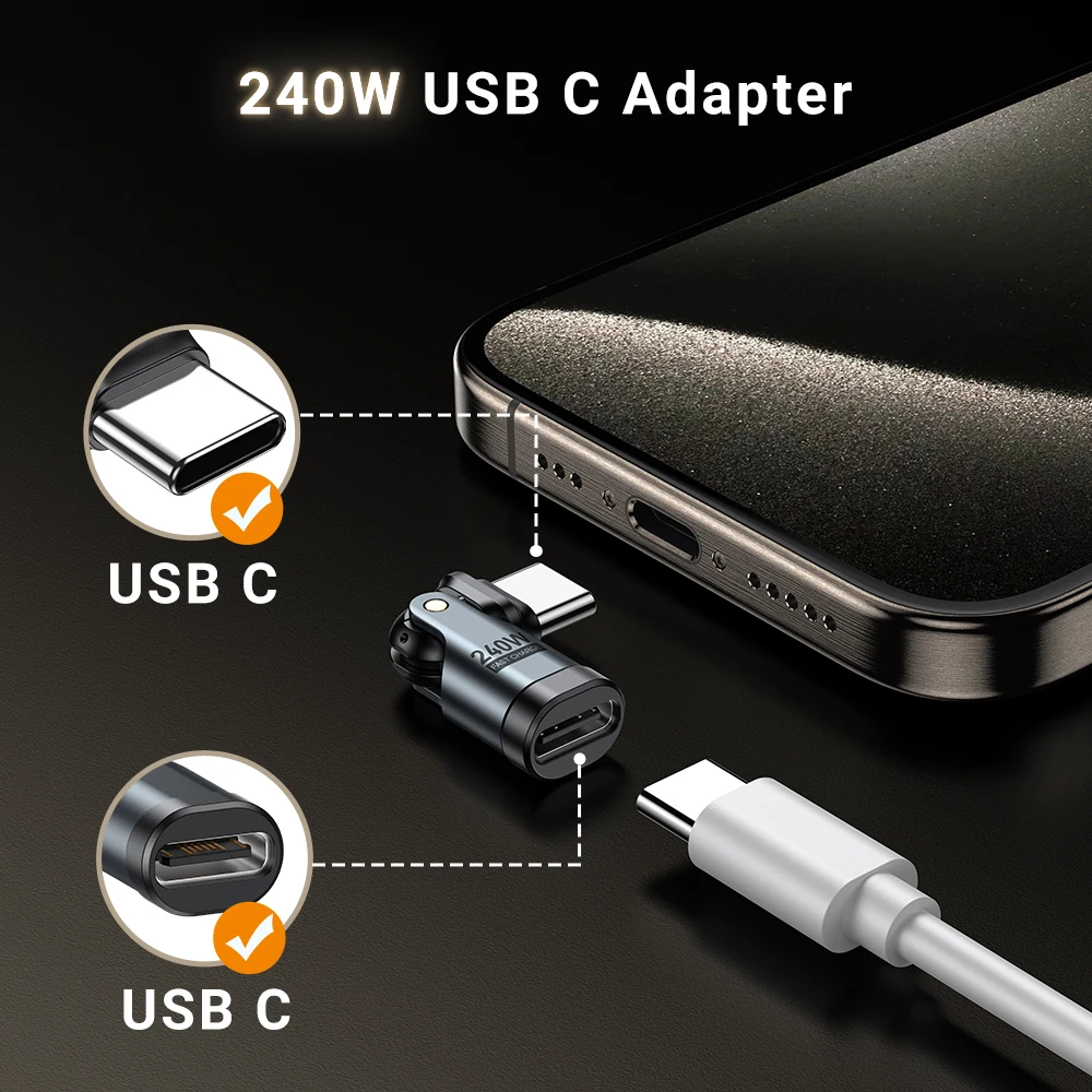 Adattatore AUFU USB C OTG da 240 W Convertitore da maschio a femmina di tipo C a ricarica rapida 5A per iPhone MacBook Laptop Adattatore a gomito da 180 gradi