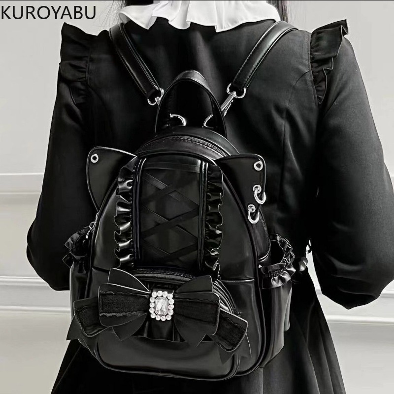 甘い日本のレースの弓猫耳バックパック学生女性のロリータ黒ピンクかわいいレザーショルダーバッグ通学 Mochilas Mujer