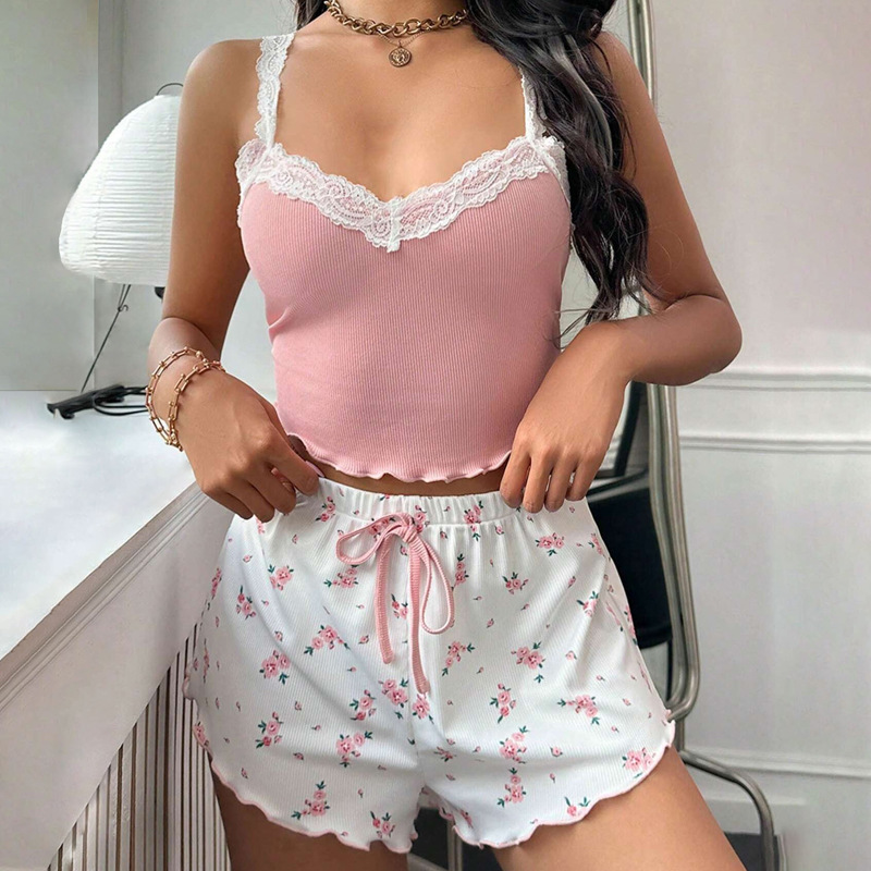 Zestaw piżam damskich koronkowy patchworkowy dekolt w serek bielizna nocna seksowne kobiece koszule nocne garnitur Cami Top spodenki z nadrukiem miękka piżama Loungewear 2psc