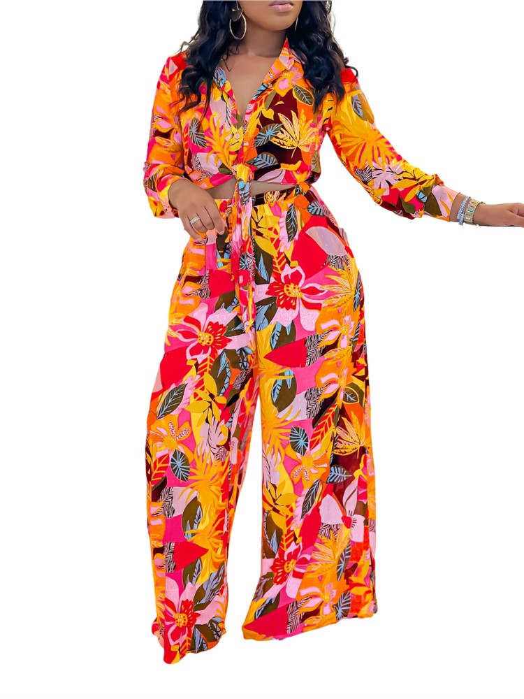 2024 Primavera Verano nuevo traje estampado de manga larga para mujer moda solapa camisa de una sola botonadura pantalones de pierna ancha conjunto de dos piezas