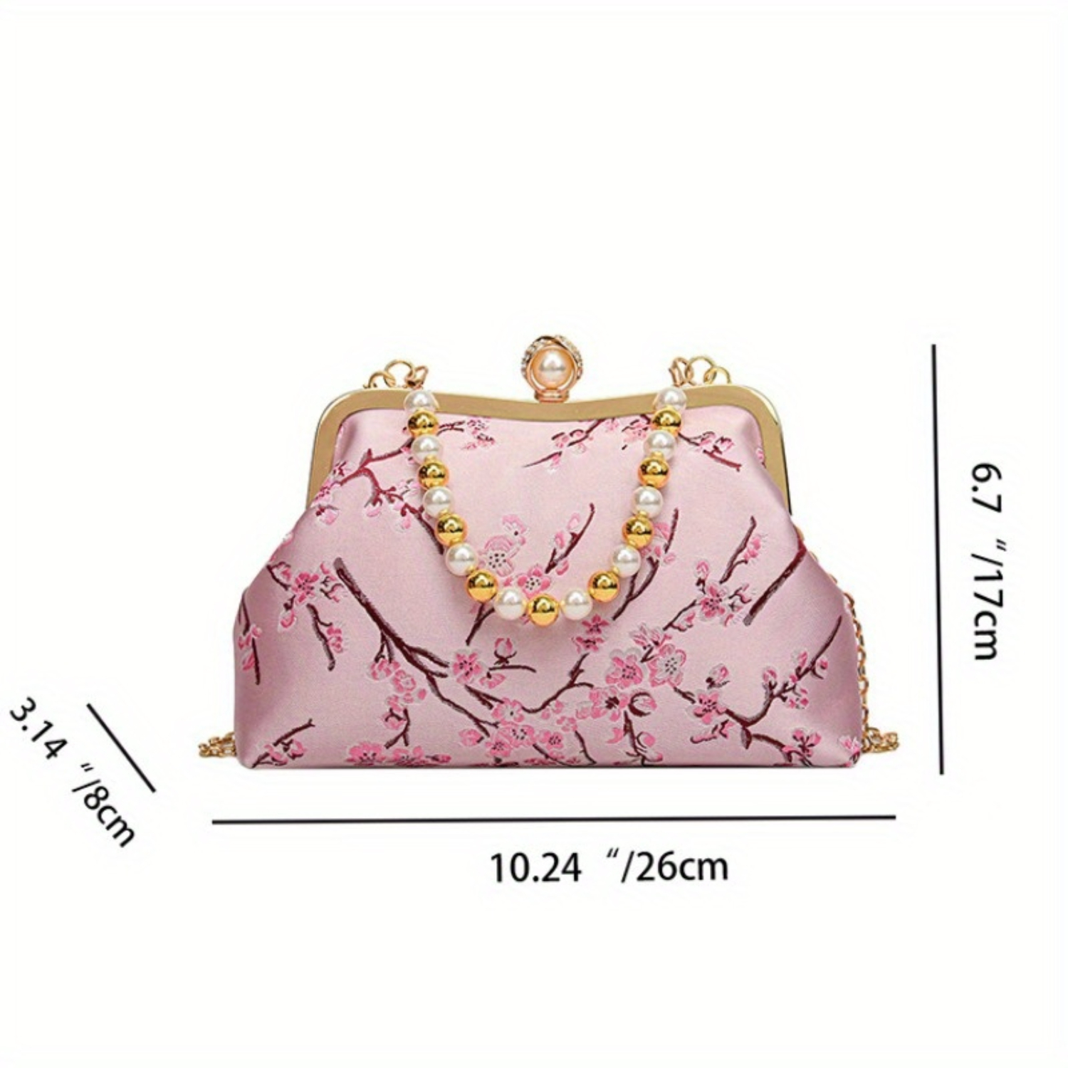 Vintage Floral Clutch Shell Bag with Pearl Chain Strap Evening Purse Crossbody Handbag