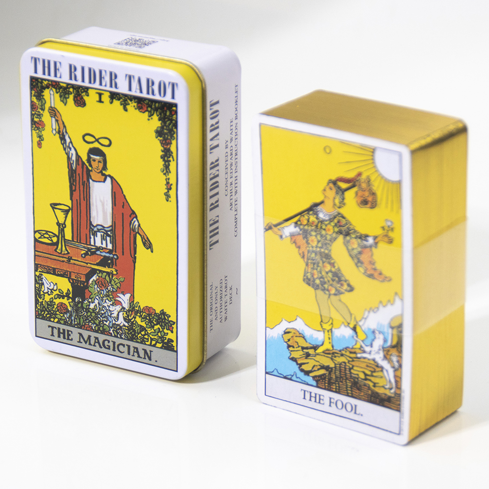 The Rider Tarot mit Blechdose, Tarotkarten, vergoldeter Rand mit Papier, Reiseführer, Oracle, Tarot, Spieldeck, Party, Astrologie, Karten, Oracle