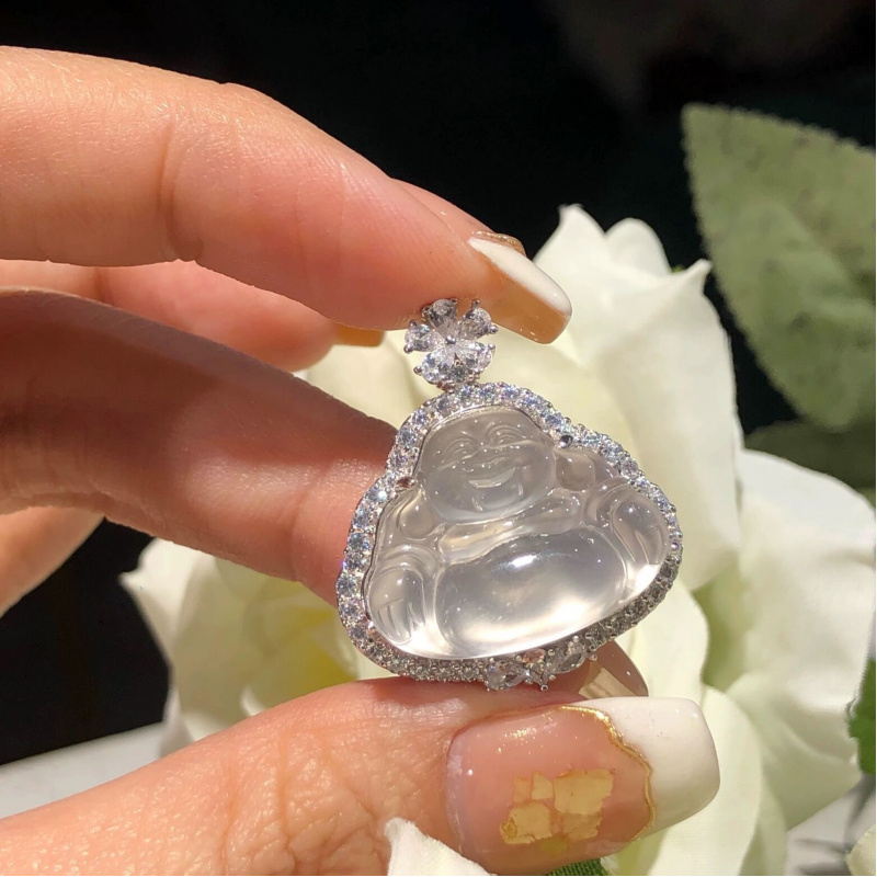 Jade Inlaid Buddha Pendant Maitreya Laughing Buddha Amulet for Safety White Ice Jade Necklace Pendant Holiday Gift