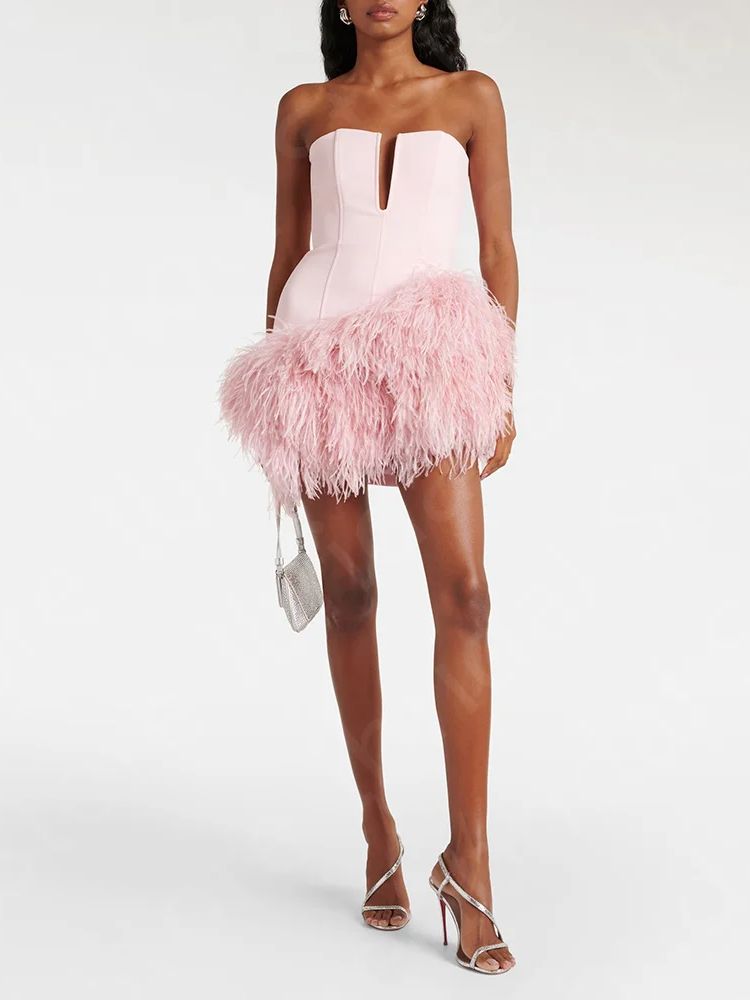Robe courte rose en plumes personnalisée pour mère de la mariée, mini longueur, robe de soirée de mariage en fibre, luxe, 2024