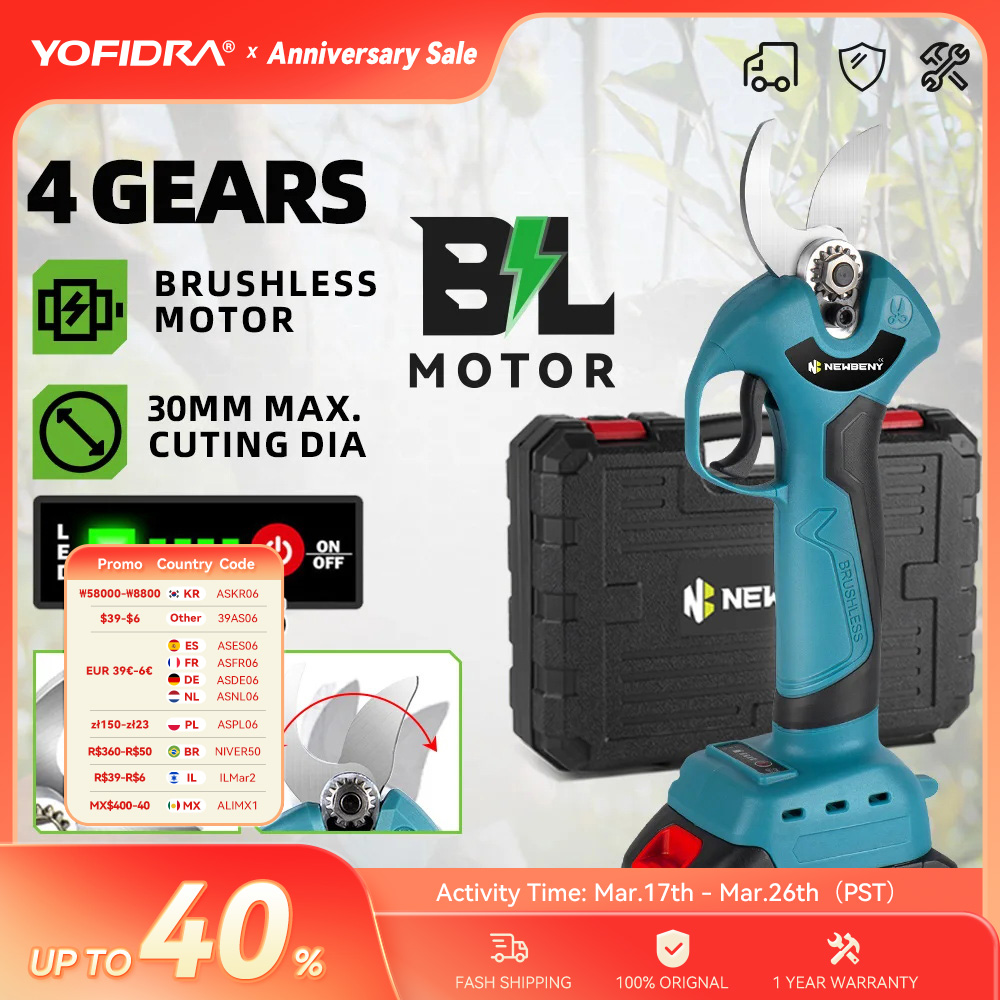 Newbeny 30mm tesouras de poda elétricas sem escova 4 engrenagens tesoura elétrica pomar arbusto ramo ferramenta de poda para makita 18v bateria
