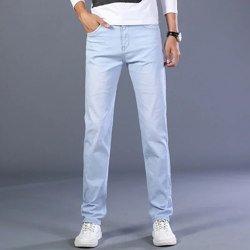 2024 Marke Top klassischen Stil Männer Frühling Sommer Jeans Business lässig hellblau Stretch Baumwolle Denim Herren hose