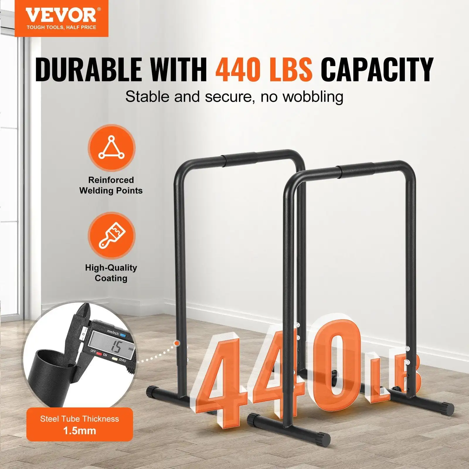 Dip Bar, 440 lbs Capacity, Adjustable Height, Fitness Workout Dip Bar Station Stabilizer Parallette Push Up Stand