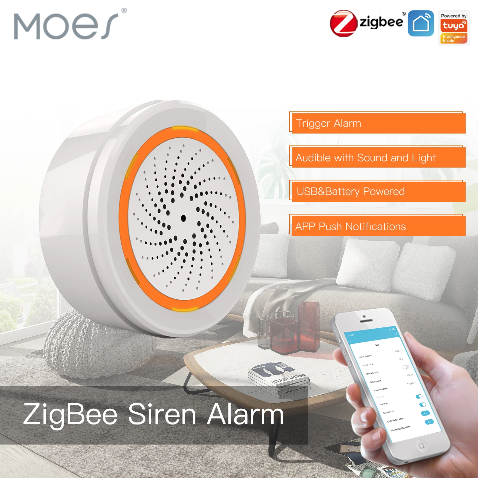 MOES Tuya ZigBee Inteligentny czujnik syreny dźwiękowej i świetlnej 90dB Smart Life Siren System bezpieczeństwa w domu Tuya Gateway Hub, używany z Alexa