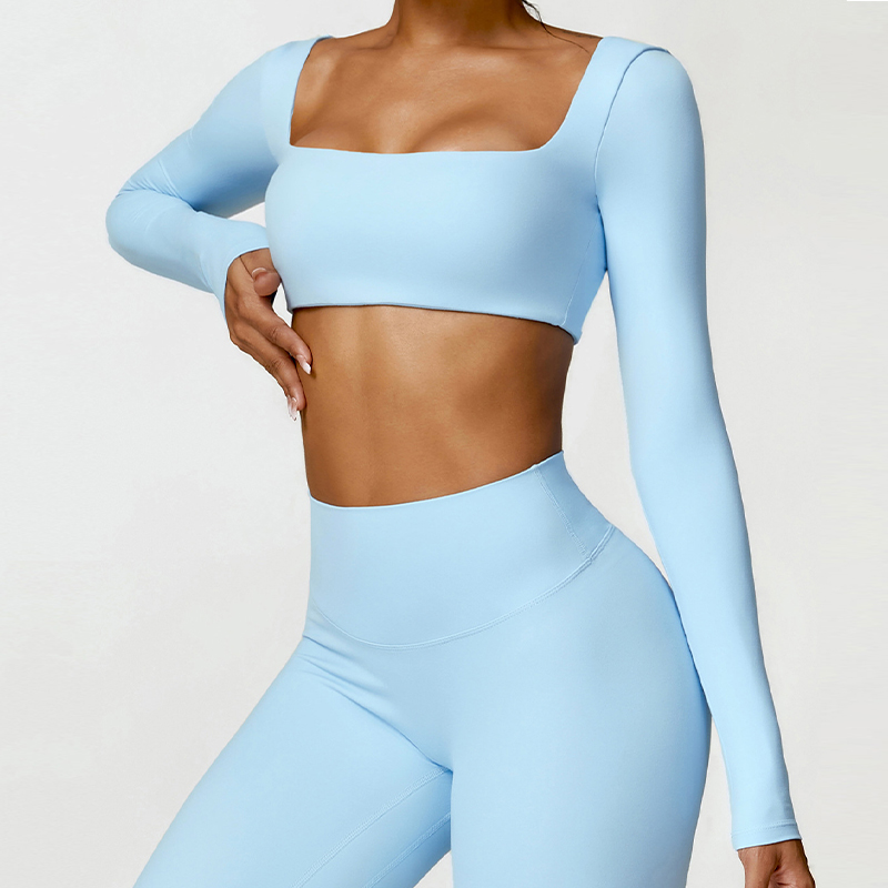 Hearuisavy-ropa deportiva informal de secado rápido para mujer, Top de gimnasio con cuello cuadrado, Top corto deportivo para Fitness, ropa de Yoga de manga larga para mujer