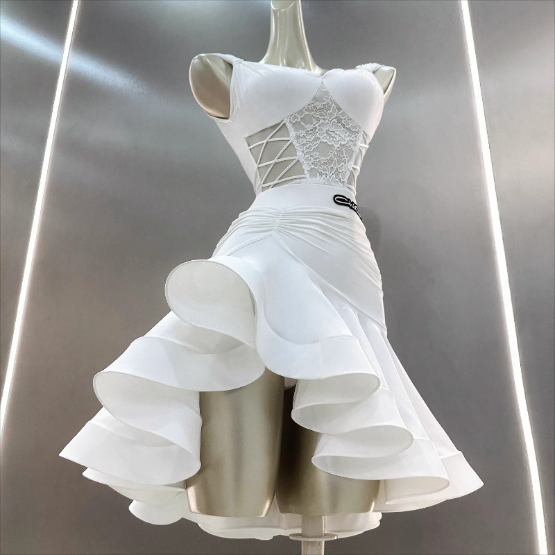 Женское платье для латинских танцев, кружевной бюстгальтер, топы, юбка с рюшами для взрослых, женские танцевальные костюмы для соревнований, сценические костюмы