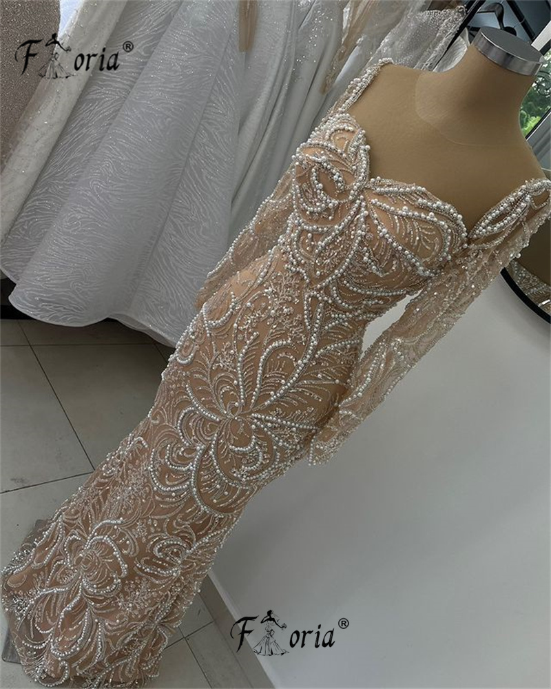 Elegante Perlen Perlen Spitze Dubai formelle Abendkleider Langarm Schatz Meerjungfrau Hochzeit Anlass Kleid besondere Party Robe