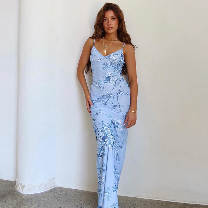 Vestido sin mangas con tirantes y estampado Floral para mujer, vestidos largos ajustados con cuello en V a la moda, bata elegante para fiesta en la playa y discoteca 2023