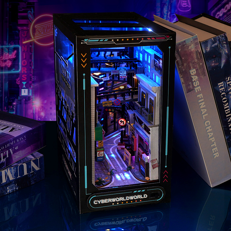 DIY Holzbuch Nook Regaleinsatz Miniatur Bausätze Cyberrpunk World Bücherregal Montage Buchstütze für Erwachsene Geburtstagsgeschenke