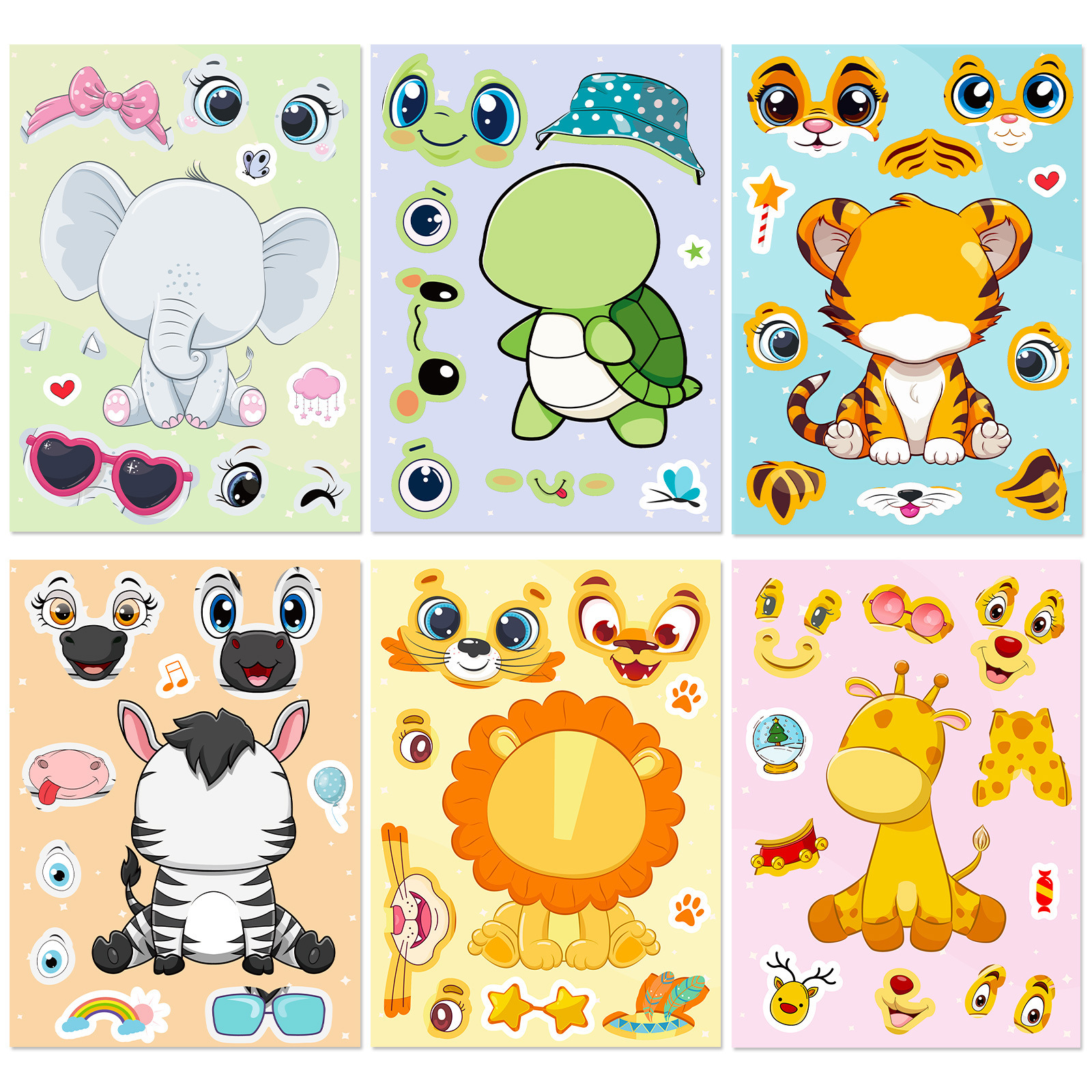 6 แผ่นน่ารักการ์ตูน DIY สติกเกอร์ปริศนาเกมสัตว์ Make A Face ตลกประกอบสติกเกอร์ตกแต่ง
