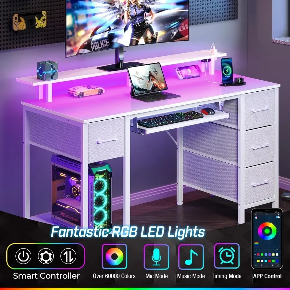 Computer Desk 47.2" with LED Lights & Power Outlets, Home Office Desk with 4 Drawers, Writing Desk with Keyboard Tray