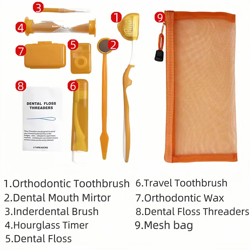 Zestaw do higieny jamy ustnej 8 szt., szczoteczka do czyszczenia zębów ortodontycznych, składana szczoteczka do zębów, szczoteczka interdentalna, nić dentystyczna, wosk, zestaw podróżny