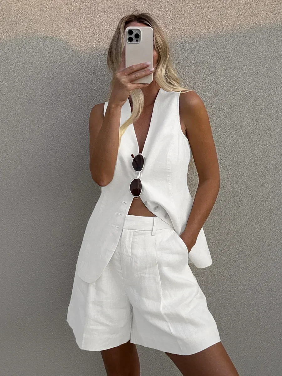 Wolfeel Katoen linnen Chic Casual Vest Shorts Set Damesmode Commuter Mouwloze Tank Top Losse Shorts Past Zomer Nieuw