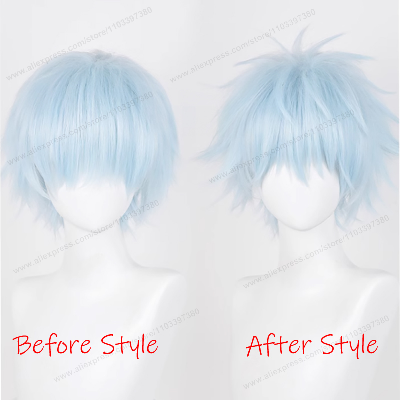 岡崎新一コスプレウィッグ 30 センチメートルライトブルーふわふわ男の髪高品質アニメナナ耐熱合成かつら
