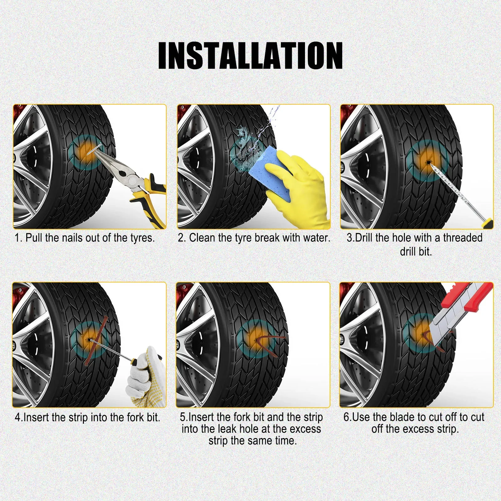 Kit de reparo de pneus para carro e motocicleta: ferramentas de plugue de punção sem câmara de ar com tiras de borracha, conjunto de cravejões – Ferramenta de reparo de pneus de automóvel/bicicleta