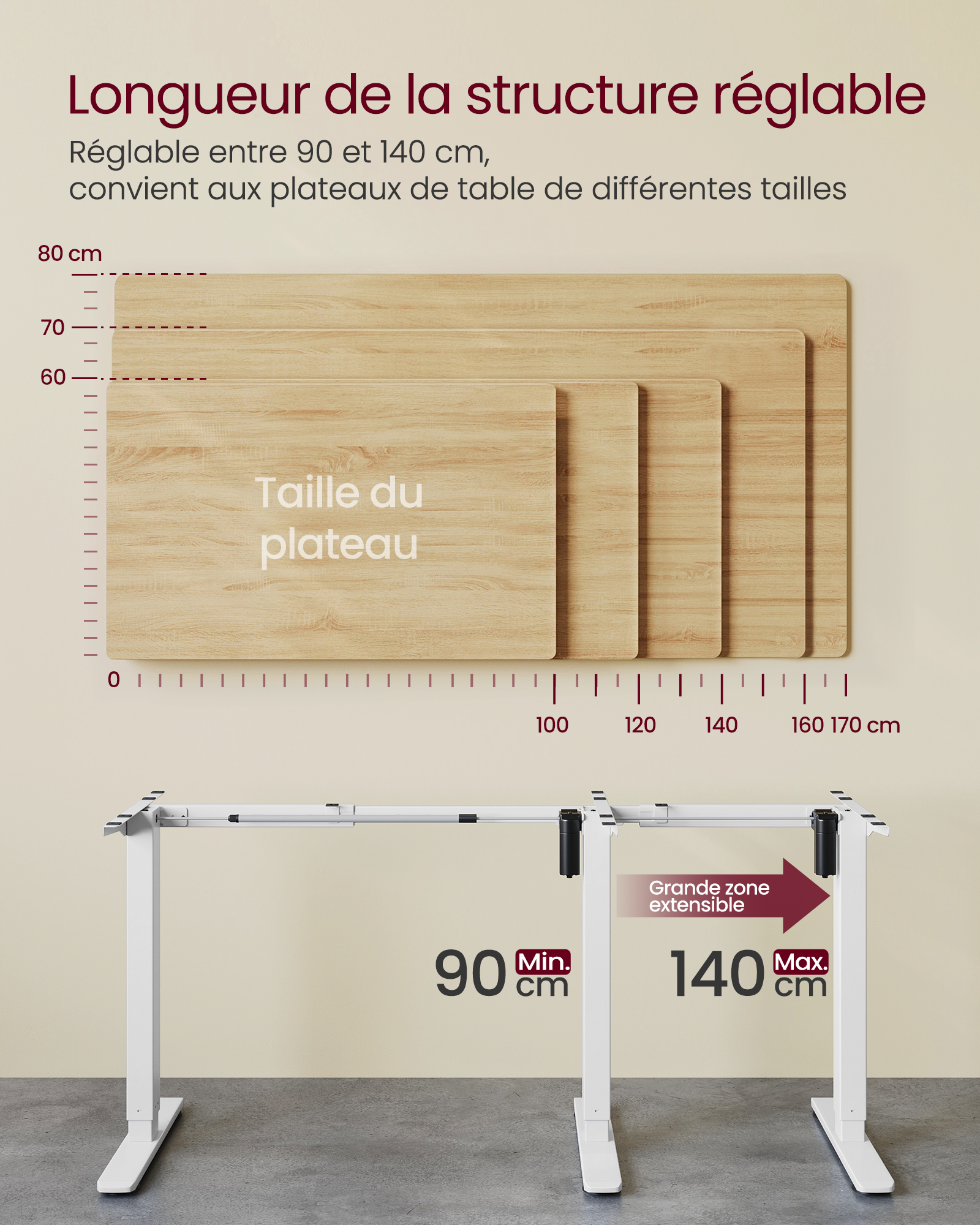 Bureau Électrique Réglable en Hauteur,  sans Plateau de Table, avec 2 Crochets, Fonction Mémoire 3 Hauteurs, Acier, Blanc Mat