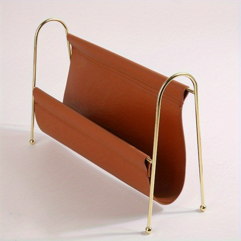 Nordic Metal Magazine Rack - Faux Leather Desk Organizer with Gold Frame, Compact Storage for Home Office/Bookshelf Decor