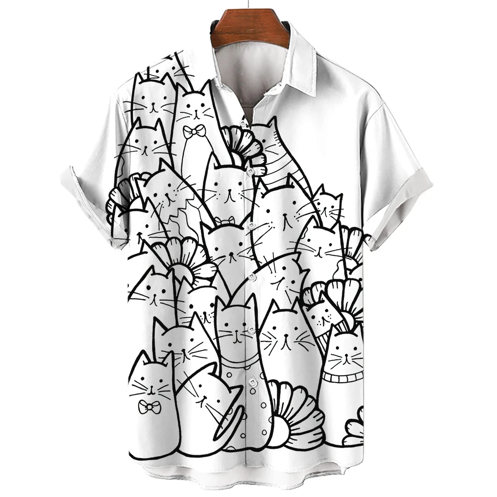 Herren Kurzarm Shirt Mode Cartoon Linie Katze Muster Print Top Damen Casual Button Shirt Top