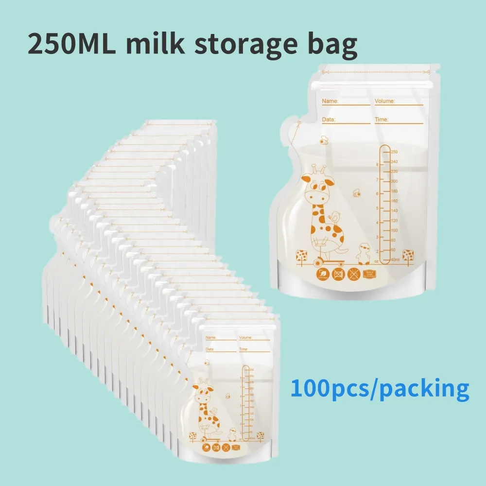 100 ou 50 pacotes de sacos descartáveis para armazenamento de leite materno, capacidade de 250ml, bico de uso hospitalar, autônomo e fácil de despejar