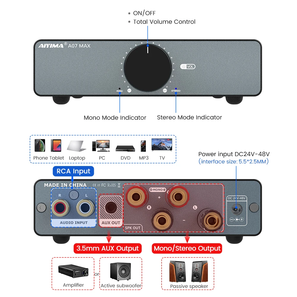 AIYIMA A07 MAX Stereo Power Amplificador TPA3255 Class D Digital  Speaker Amp 300Wx2 BTL Audio Amplifier for Passive Speaker