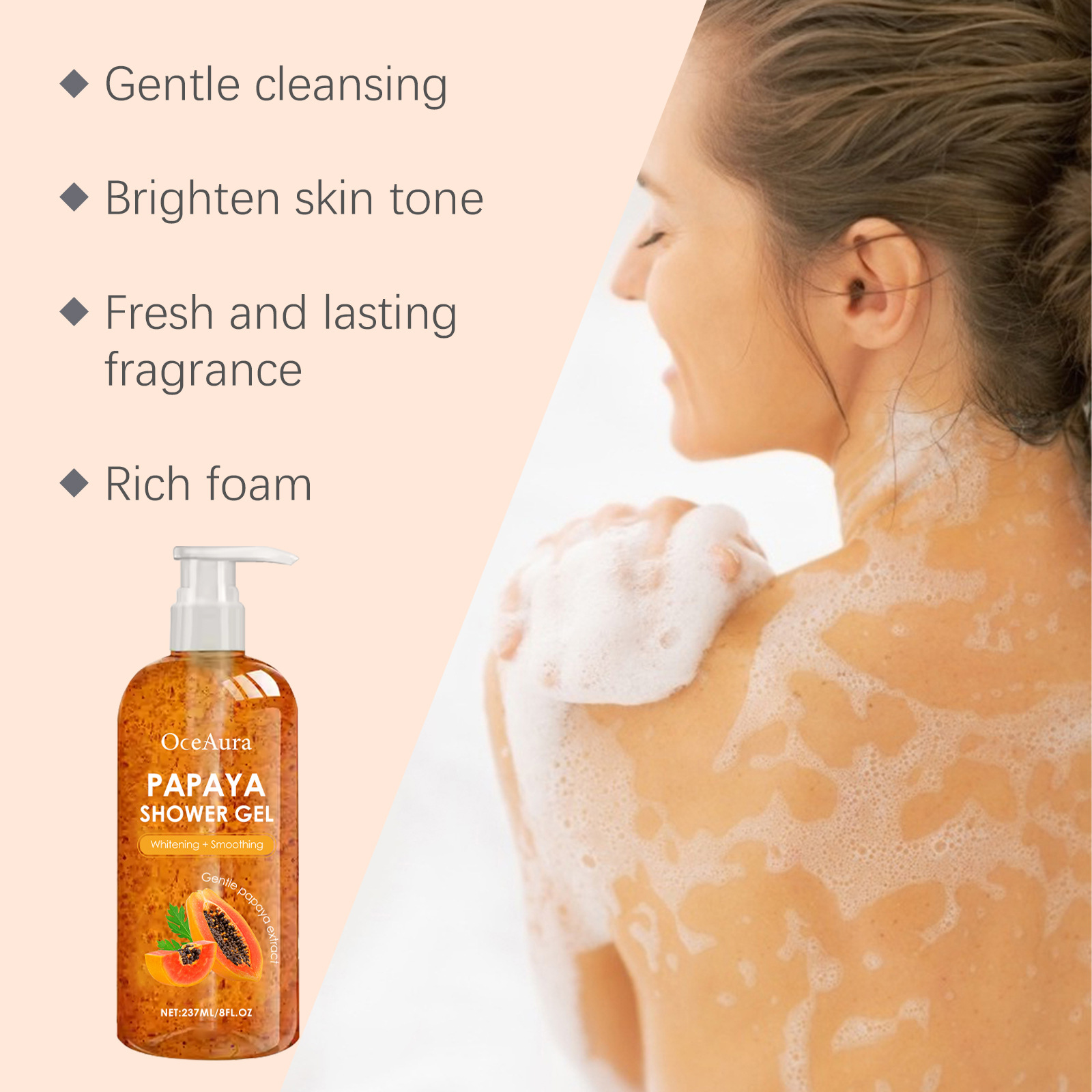 Papaya Shower Gel Whitening Smoothing Cleansing Remove Dirt Fade Pigmentation Rich Foam Lasting Aroma Hydrate Refresh Body Wash