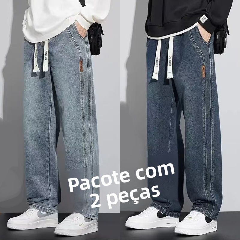 Calças Jeans Versáteis de Perna Reta para Homens, Marca Moderna, Largura ande, Calças Longas Soltas, Estilo Casual e Resist...