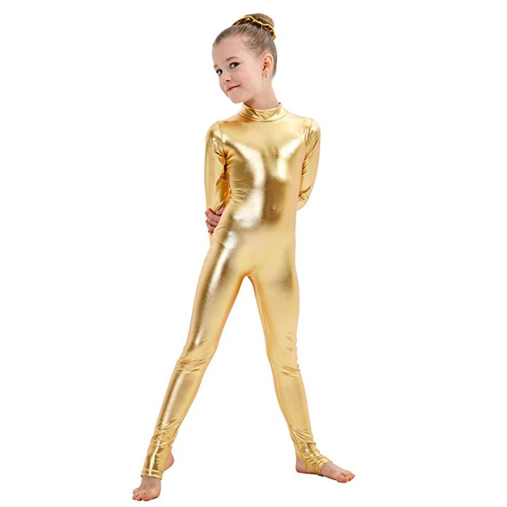 AOYLISEY เด็กแขนยาว METALLIC Unitards Stirrups เต้นรํายิมนาสติก Leotards สาวเงา Dancewear STAGE Performance แสดงชุด