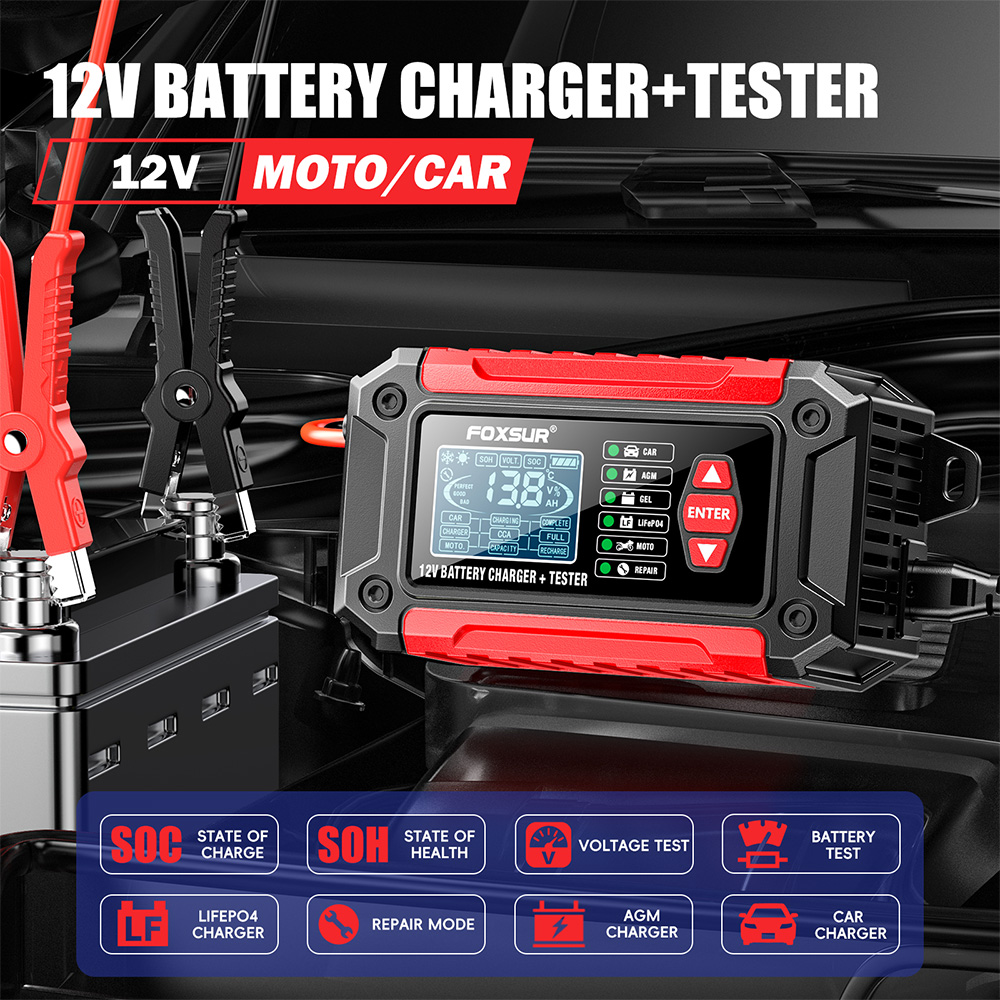 2-in-1 oplaaddetector alles-in-één 12V auto motorfiets loodzuur lithium-ijzer acculader