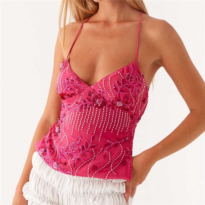 Hirigin-Tops cortos con lentejuelas y cuello Halter para mujer, camisola con adornos de perlas Y2k, camisola sin mangas con purpurina y cuello en V y diamantes de imitación