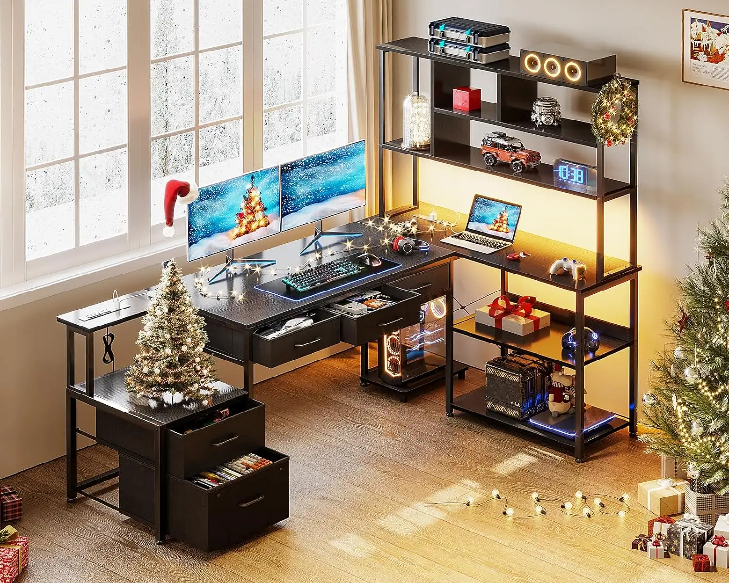 71 inch L Shaped Desk with File Drawers, Reversible L Shaped Gaming Desk with Power Outlets & LED Lights