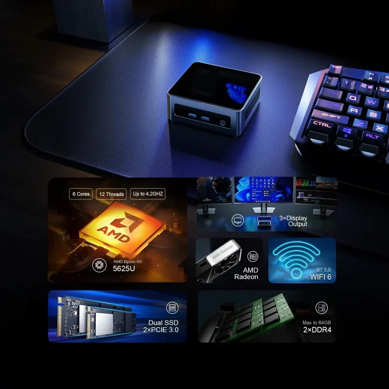 AMD Ryzen R5 4500U R7 2700U 3750H 4800U Mini Máy Tính Vega Đồ Họa 4K UHD Nvme SSD Máy Tính Để Bàn máy Tính Chơi Game