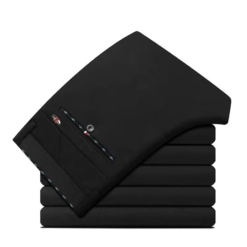 Wysoka rozciągliwość męskie spodnie wizytowe z wysokim stanem elastyczne eleganckie spodnie od garnituru biuro biznes klasyczny spodnie typu Casual Slim Fit czarny niebieski