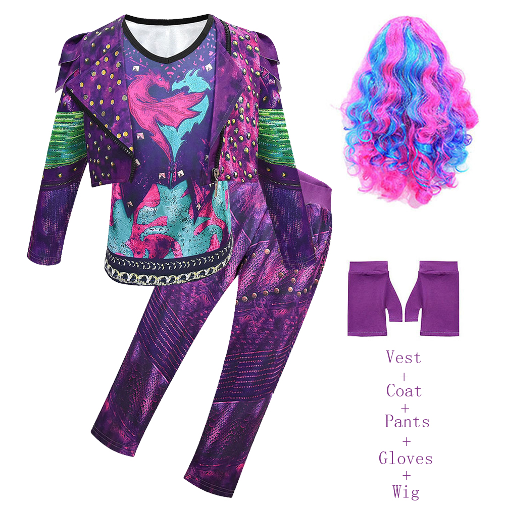 女の子子孫 3 Mal 衣装女の子のためのイーヴィコスプレ衣装子供ファンタジアハロウィン服かつら誕生日パーティーファンシードレス