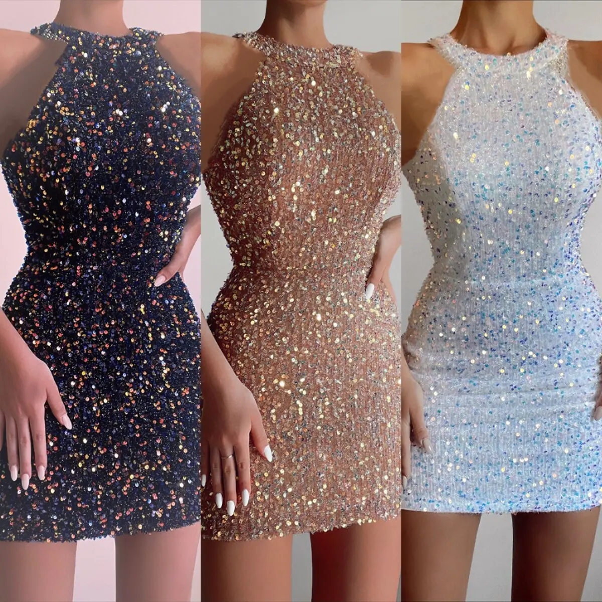 Vestidos de Fiesta de noche para mujer, Falda corta sin mangas, ajustada, elástica, con lentejuelas, elegante, para banquete y graduación