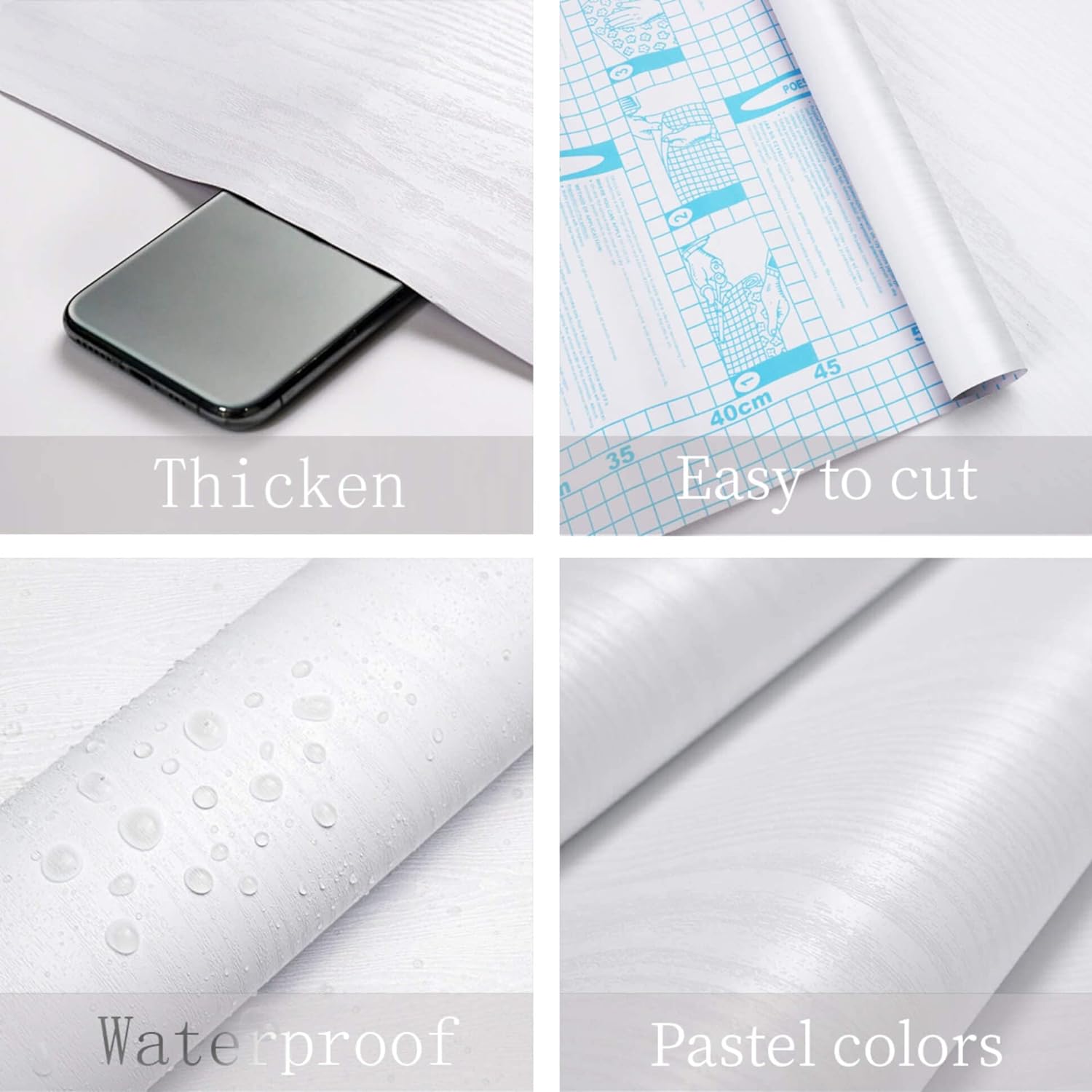 Papel tapiz autoadhesivo de grano de madera blanco, papel de Contacto grueso impermeable para mesa, gabinetes, decoración, encimeras