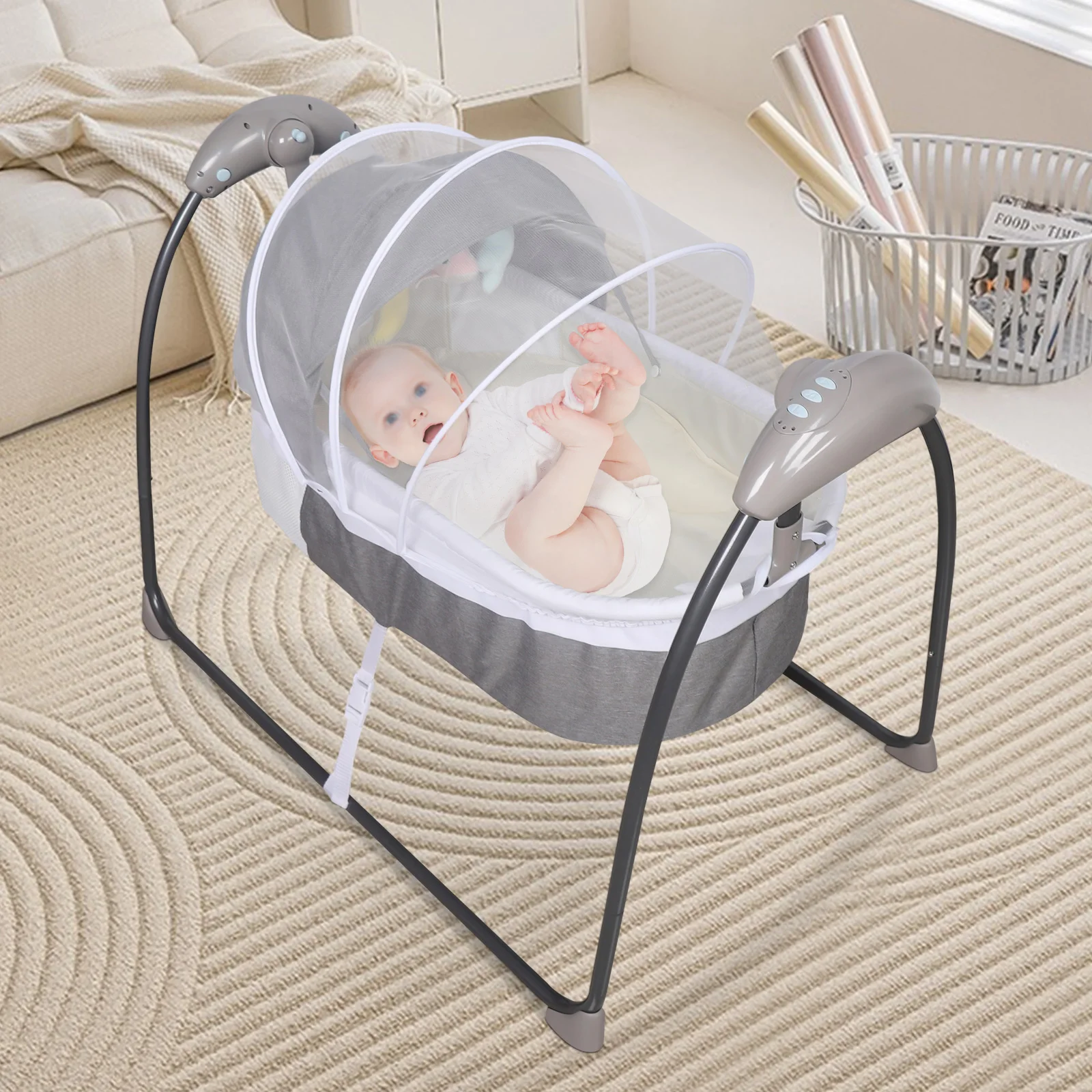 Berço elétrico para bebês, ângulos de balanço de 3 velocidades, bouncer automático para bebês, tecido catiônico adequado para a pele com cronometragem Bluetooth 9KG