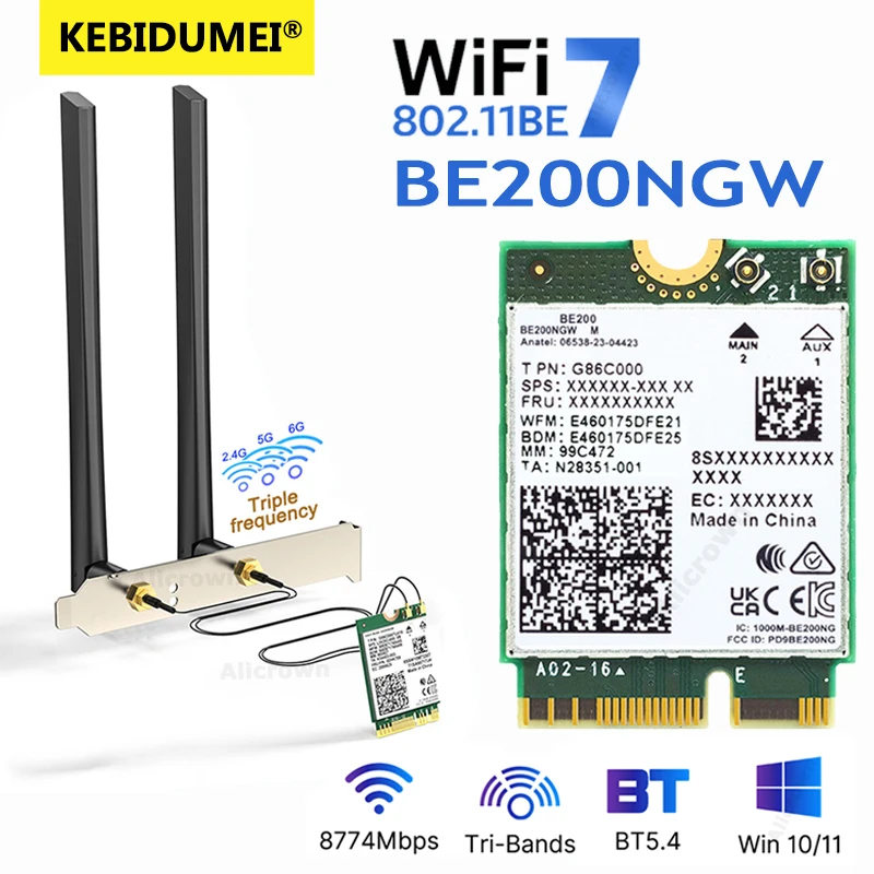 WiFi 7 BE200 Bluetooth 5,4 Wi-Fi карта трехдиапазонный 2,4G/5G/6GHz беспроводной сетевой адаптер для Windows 10/11 ПК ноутбук с антеннами