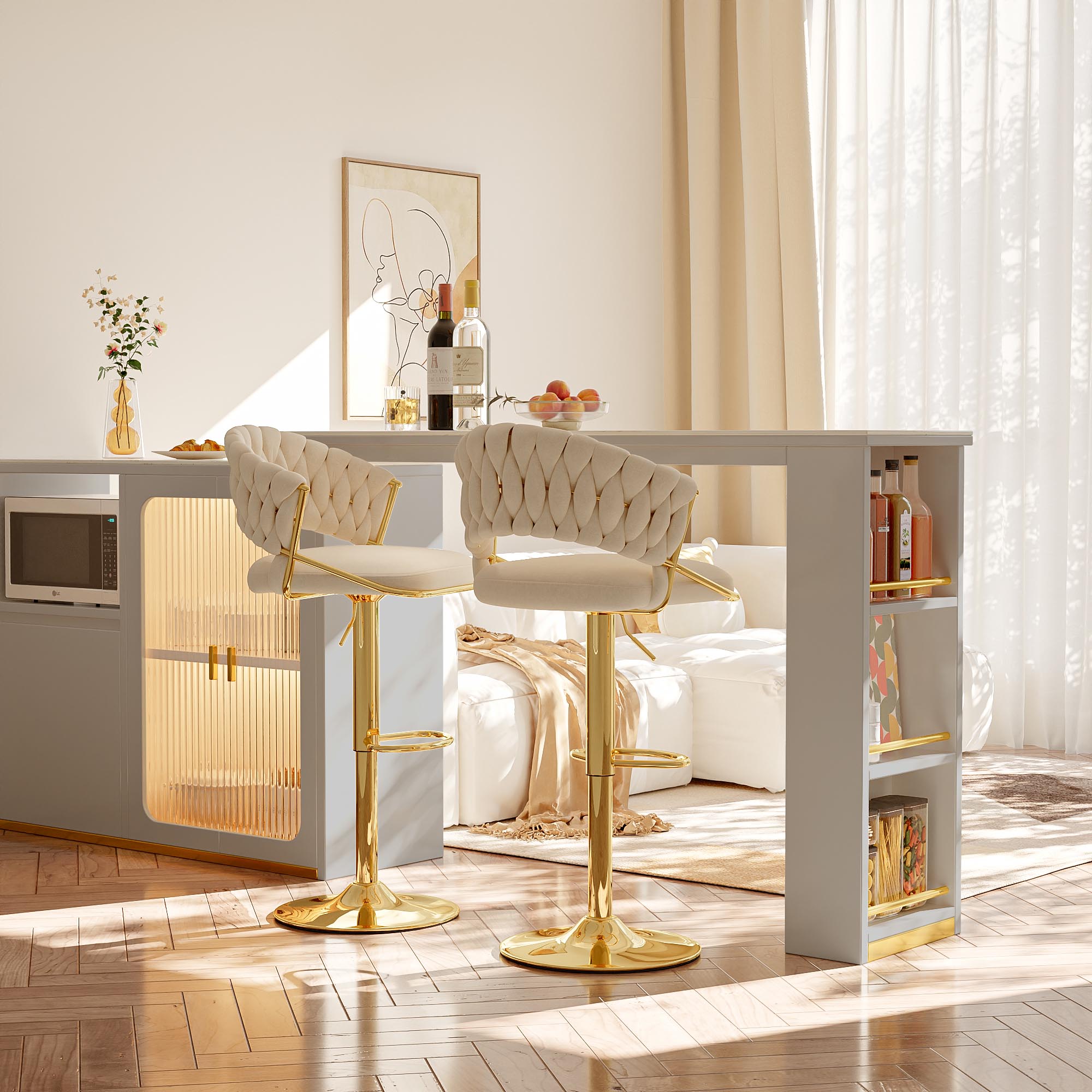 Sgabelli da bar e sedie da pranzo in confezione da 2 con schienale comfort in velluto intrecciato a mano, sgabello da bancone in metallo con base dorata ad altezza regolabile