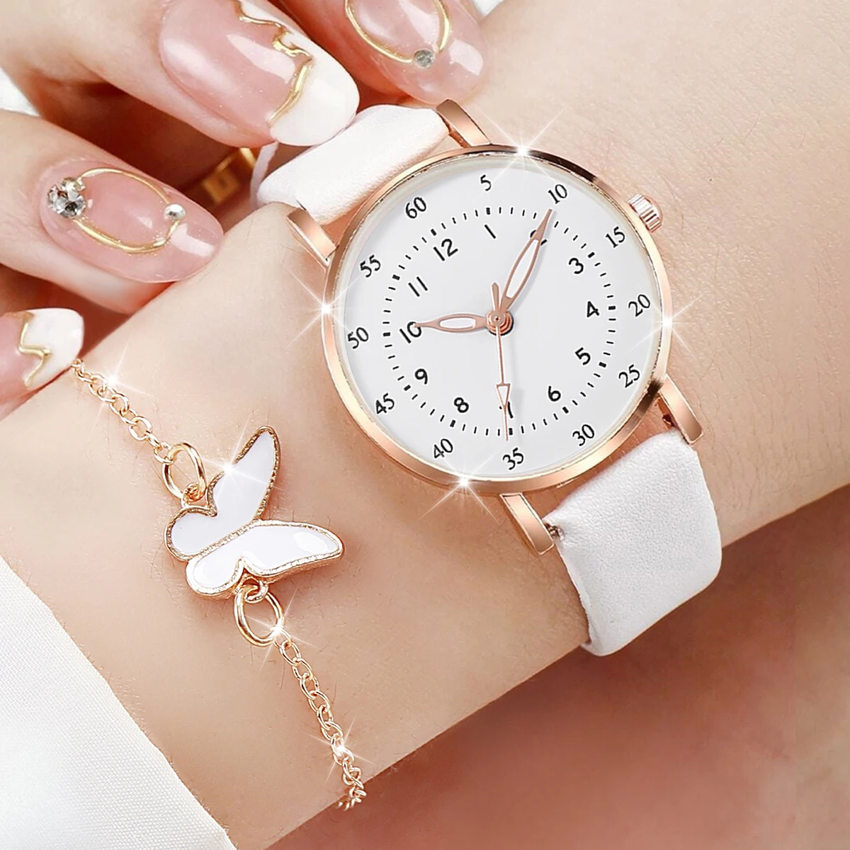 6 ชิ้น/เซ็ตผู้หญิงนาฬิกาควอตซ์แฟชั่นภาษาอาหรับ Dial หนัง Band นาฬิกาควอตซ์ชุดเครื่องประดับ (ไม่มีกล่อง)