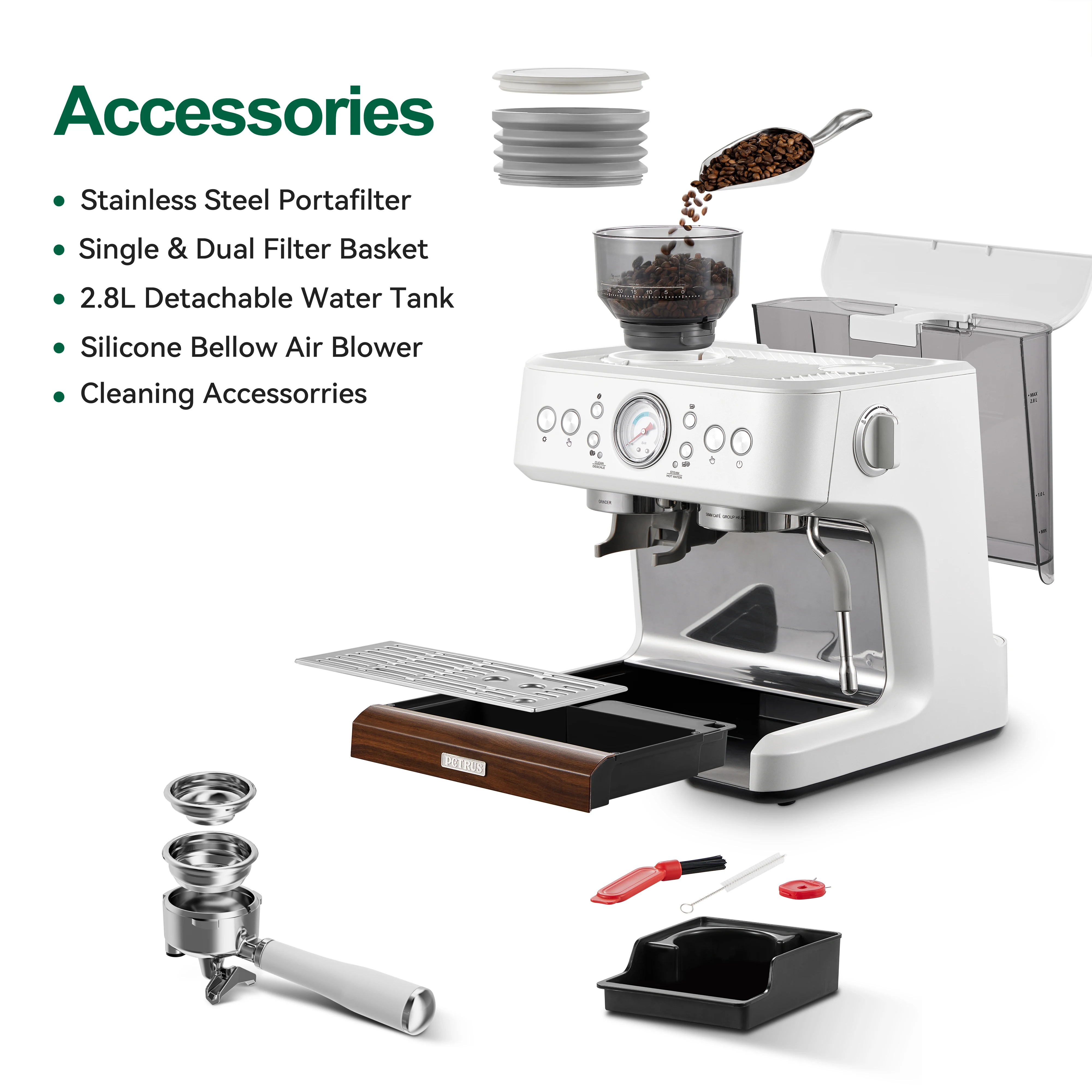 Petrus Espresso Machine with Grinder,Barista-Style Cappuccino Maker with Milk Frother Steam Wand Professional Coffee Maker