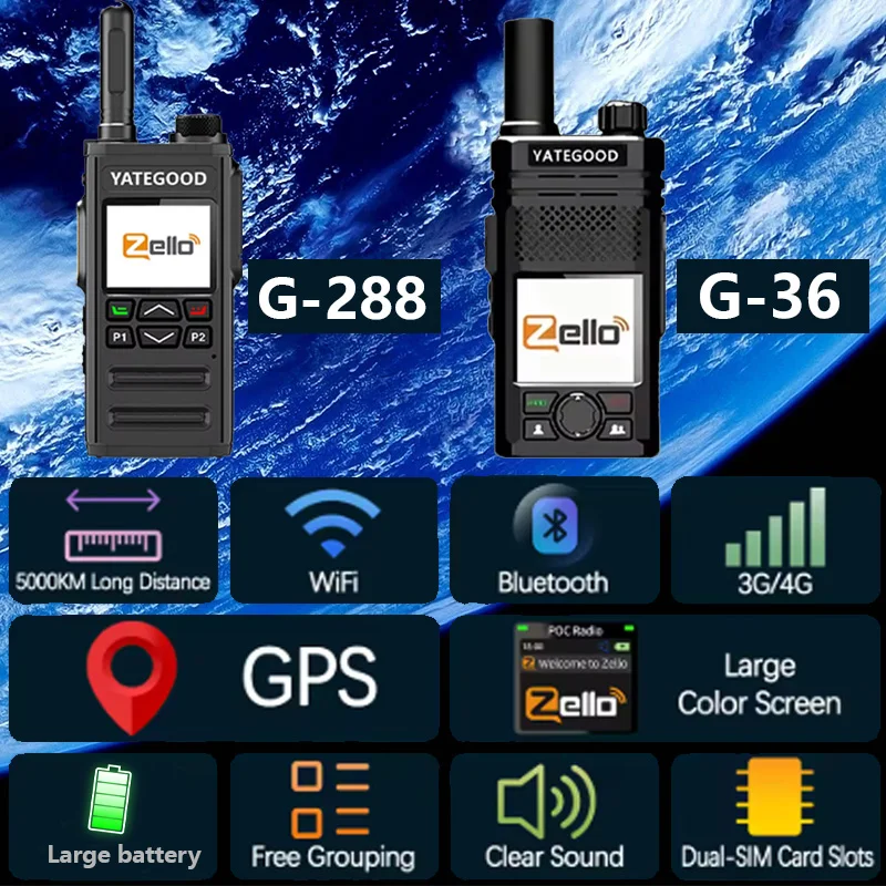 YATEGOOD G288 Zello POC wireless remote control walkie talkie SIMcard 4G 3G Android Bluetooth mobile phone PTT Wifi GPS global 8
