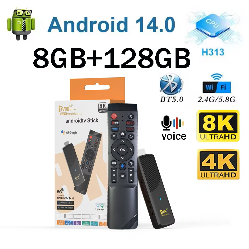 TV98 ATV X9 Smart TV Stick Android14 Allwinner H313 OTA 8 ГБ 128 ГБ Поддержка 8K 4K Медиаплеер 4G 5G Wifi6 HDR10 Голосовой пульт дистанционного управления iptv