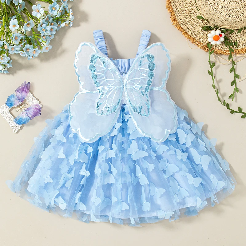 ชุดเด็กผู้หญิงฤดูร้อนรูปแบบผีเสื้อสีทึบ Halter Puffy ชุดเด็กผู้หญิงน่ารักเสื้อผ้าเด็กผู้หญิง