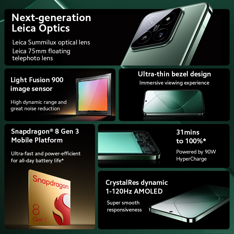 Algemene versie Xiaomi 14 Leeuwebek ®   8 generatie 3 smartphone 1,5K 6,36-inch AMOLED-display IP68 NFC 50MP Leica-camera 90W HyperCharge