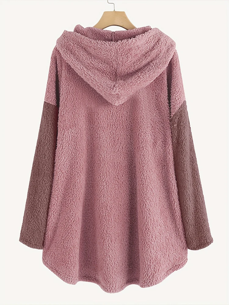 Plus Size Herbst/Winter Neuheiten Damen Herbst/Winter Drop-Shoulder Langarm Color-Block Patchwork Fleece Kapuzenjacke